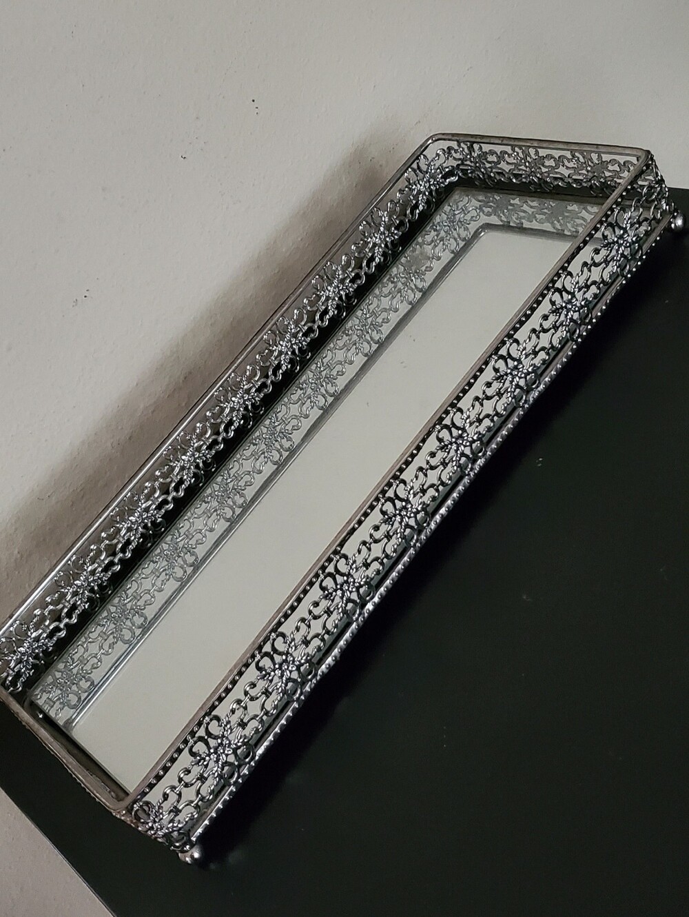 Ornate Filigree Silver Mirrored Decorative Tray - Elegant Home Accent